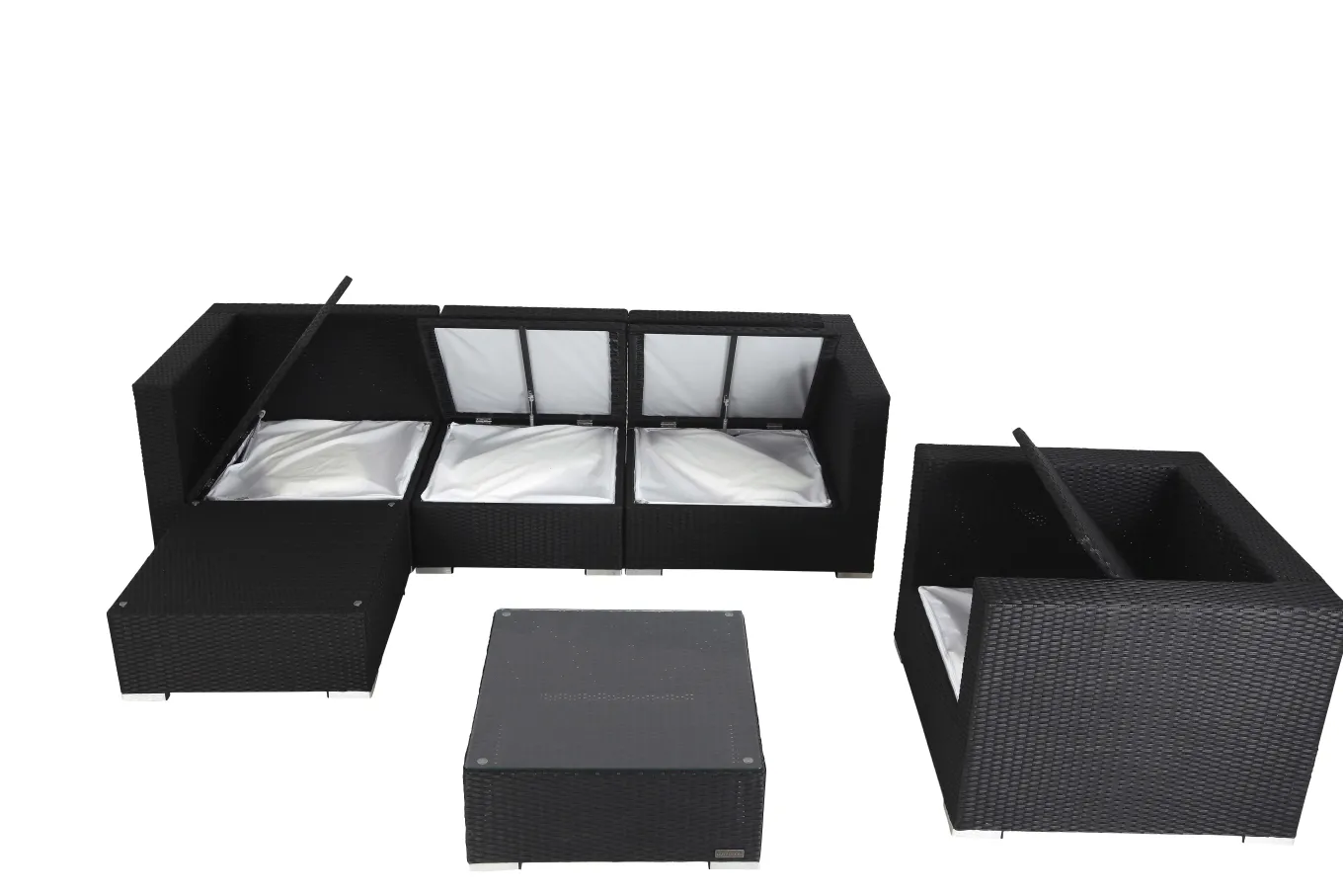 Gartenlounge, creme/weiß, schwarz, Polyrattan, für 5 Personen, inkl. Kaffeetisch, Kissenboxfunktion Polyrattan-Gartenmöbel|Gartenlounge