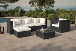 Gartenlounge, creme/weiß, schwarz, Polyrattan, für 5 Personen, inkl. Kaffeetisch, Kissenboxfunktion Polyrattan-Gartenmöbel|Gartenlounge