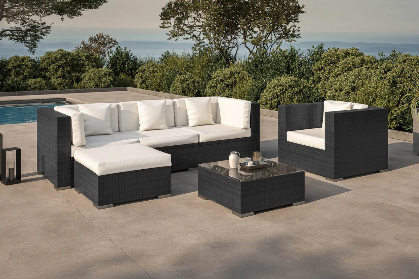 Gartenlounge, creme/weiß, schwarz, Polyrattan, für 5 Personen, inkl. Kaffeetisch, Kissenboxfunktion Polyrattan-Gartenmöbel|Gartenlounge