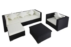 Hot Gartenlounge, creme/weiß, schwarz, Polyrattan, 5 Personen, inkl. Loungetisch, wasserfeste Kissenbox Polyrattan-Gartenmöbel|Gartenlounge