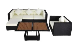Hot Gartenlounge, creme/weiß, schwarz, Polyrattan, 5 Personen, inkl. Loungetisch, wasserfeste Kissenbox Polyrattan-Gartenmöbel|Gartenlounge