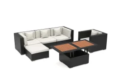 Hot Gartenlounge, creme/weiß, schwarz, Polyrattan, 5 Personen, inkl. Loungetisch, wasserfeste Kissenbox Polyrattan-Gartenmöbel|Gartenlounge