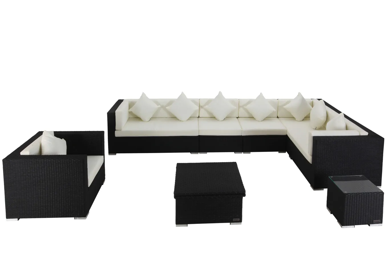 Sale Gartenlounge, creme/weiß, schwarz, Polyrattan, für 8 Personen, inkl. Loungetisch, wasserfeste Kissenbox Polyrattan-Gartenmöbel|Gartenlounge
