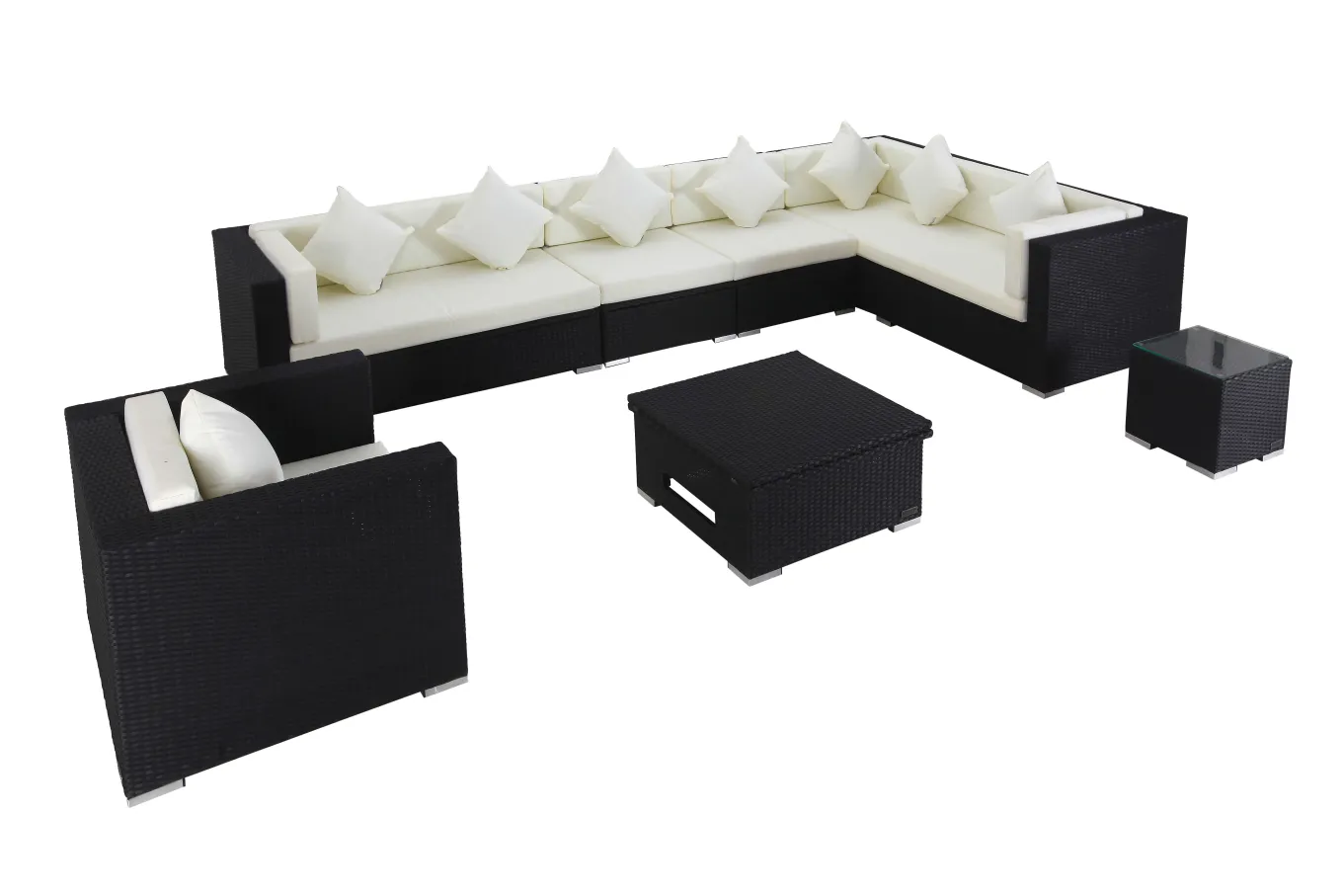 Sale Gartenlounge, creme/weiß, schwarz, Polyrattan, für 8 Personen, inkl. Loungetisch, wasserfeste Kissenbox Polyrattan-Gartenmöbel|Gartenlounge