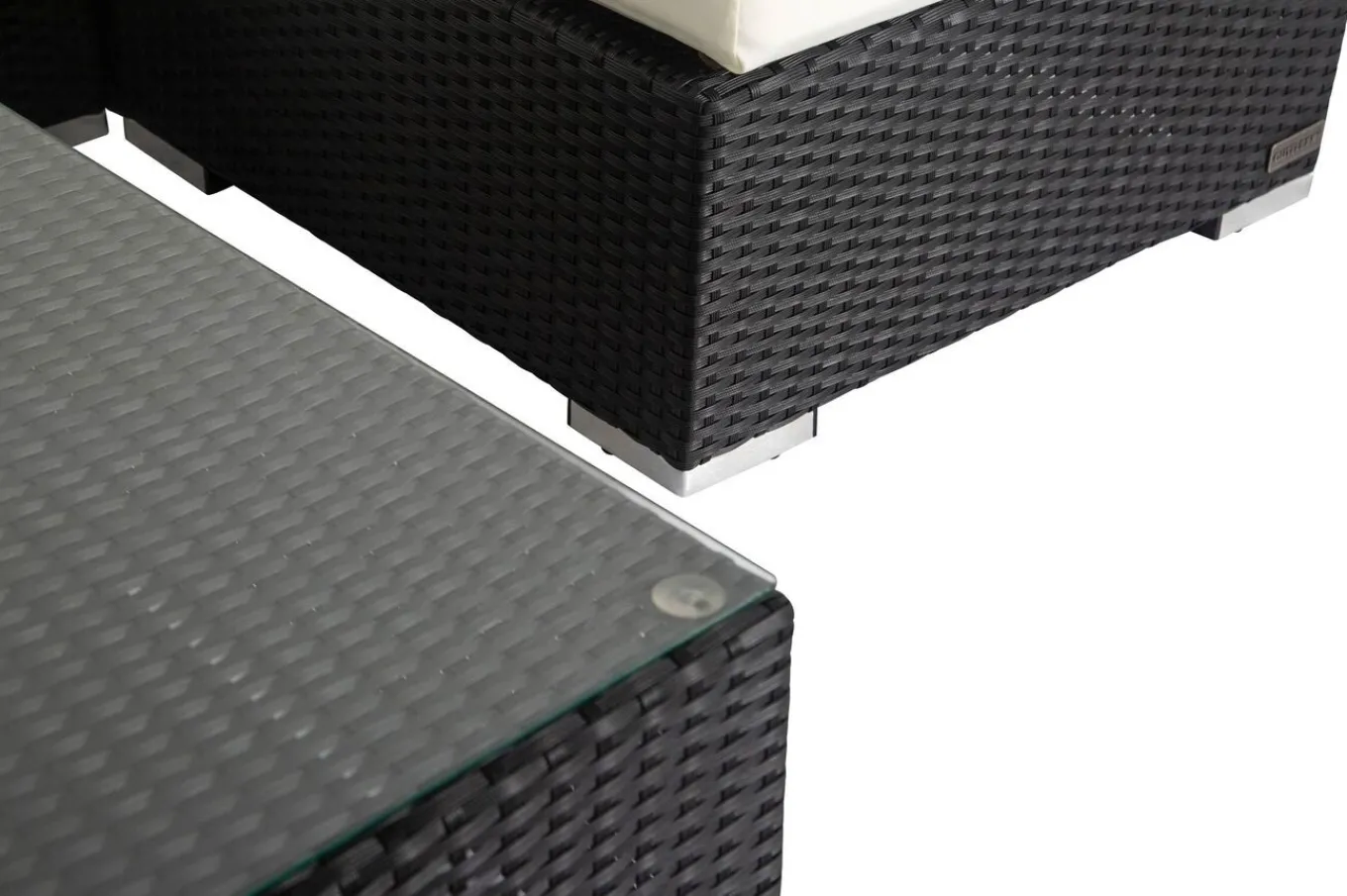 Outlet Gartenlounge, creme/weiß, schwarz, Polyrattan, 5 Personen, wasserfeste Kissenbox, inkl. Kaffeetisch Polyrattan-Gartenmöbel|Gartenlounge
