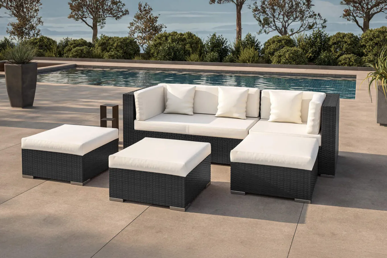 Outlet Gartenlounge, creme/weiß, schwarz, Polyrattan, 5 Personen, wasserfeste Kissenbox, inkl. Kaffeetisch Polyrattan-Gartenmöbel|Gartenlounge