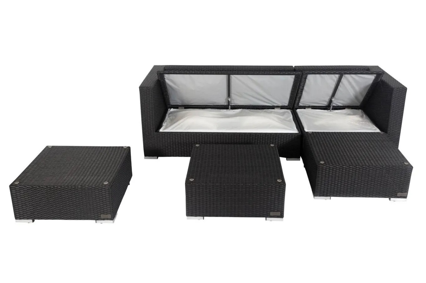 Outlet Gartenlounge, creme/weiß, schwarz, Polyrattan, 5 Personen, wasserfeste Kissenbox, inkl. Kaffeetisch Polyrattan-Gartenmöbel|Gartenlounge