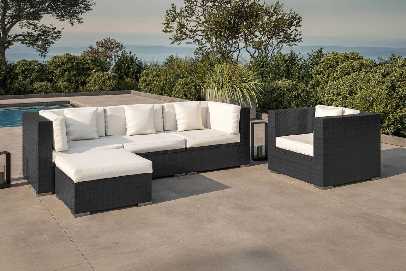 Outlet Gartenlounge, creme/weiß, schwarz, Polyrattan, für 5 Personen, wasserfeste Kissenbox Polyrattan-Gartenmöbel|Gartenlounge
