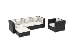 Outlet Gartenlounge, creme/weiß, schwarz, Polyrattan, für 5 Personen, wasserfeste Kissenbox Polyrattan-Gartenmöbel|Gartenlounge