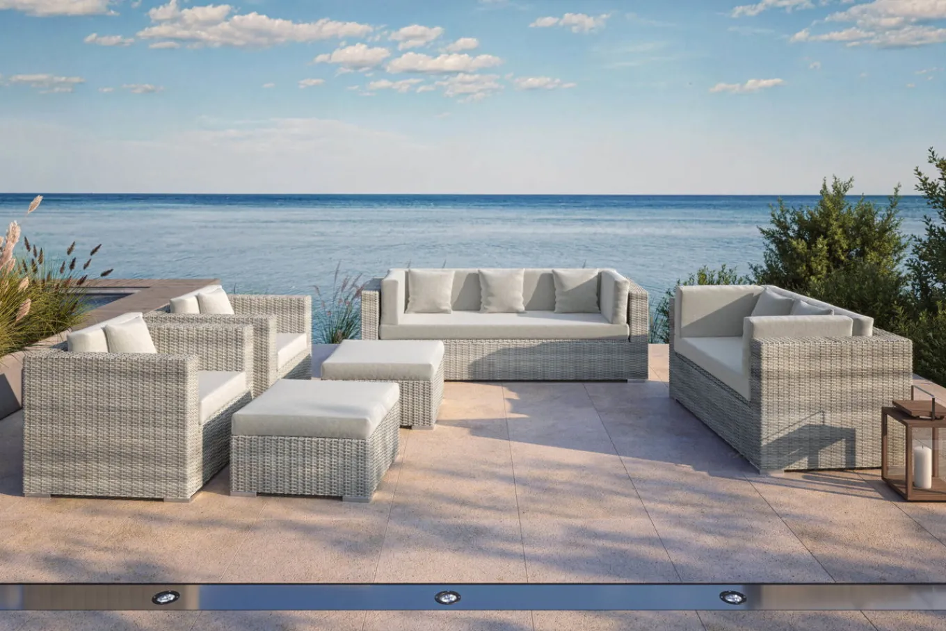 Online Gartenlounge für 7 Personen, desert-beige, Alu/Polyrattan, modular verstellbar, mit Kissenboxfunktion Polyrattan-Gartenmöbel|Gartenlounge