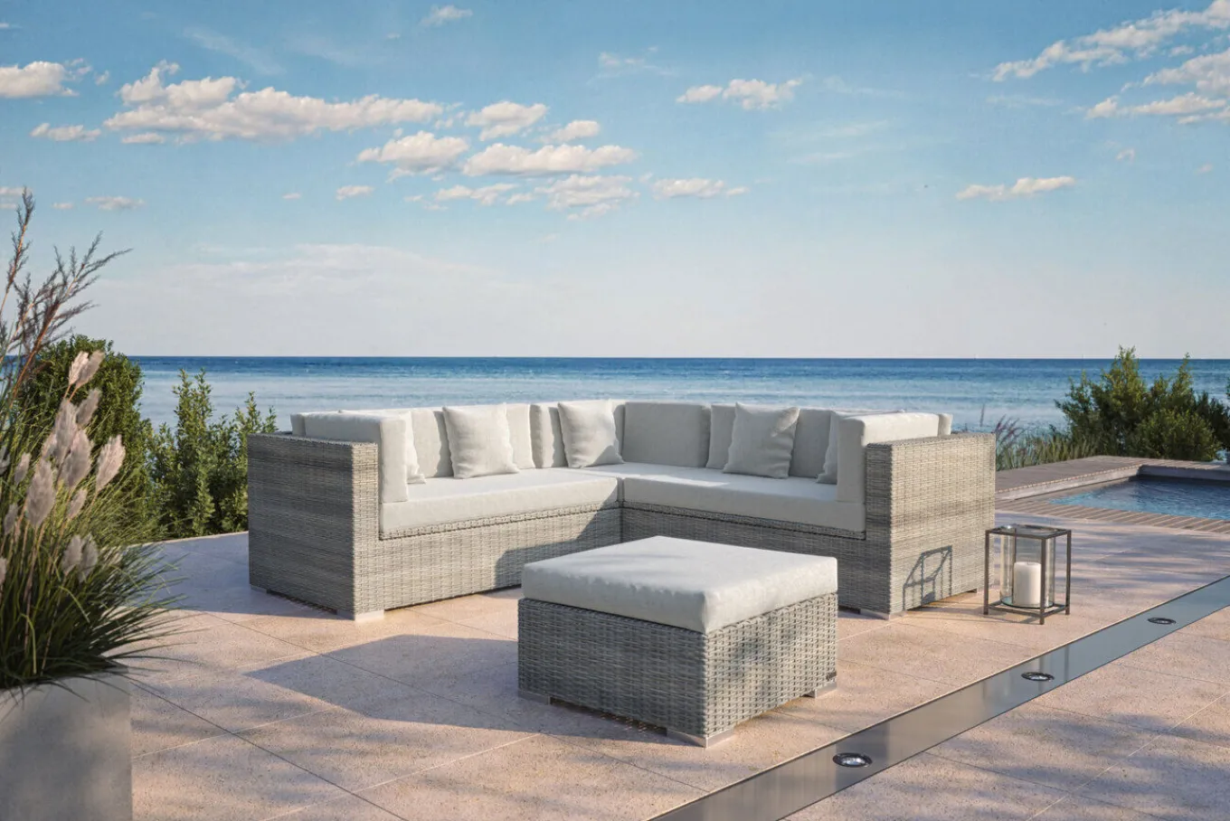 Hot Gartenlounge für 5 Personen, 4-teilig, desert-beige, Polyrattan, modular verstellbar, mit Kissenboxfunktion Polyrattan-Gartenmöbel|Gartenlounge