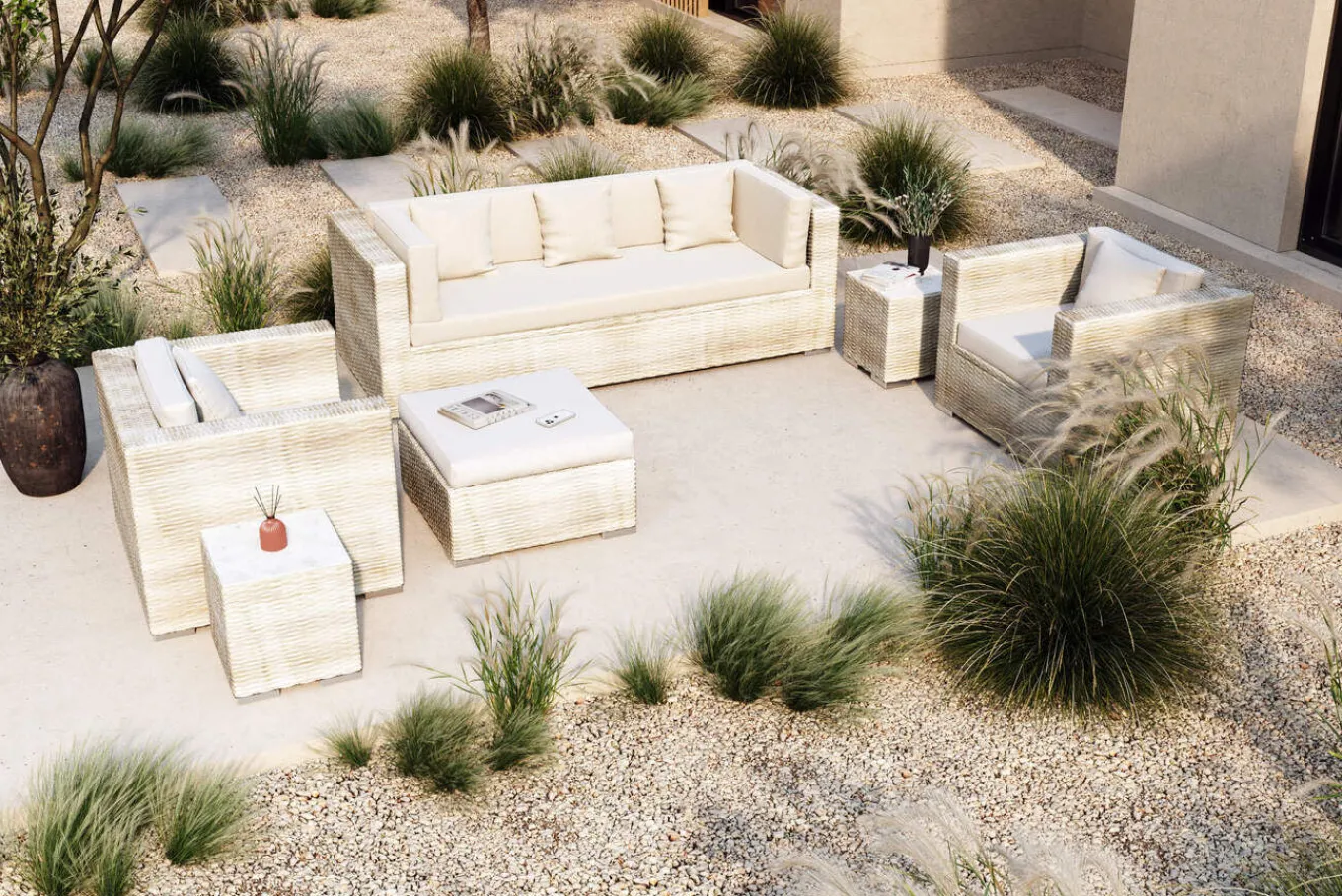 Discount Gartenlounge für 5 Personen, dessert-beige, Alu/Polyrattan, modular verstellbar, mit Kissenboxfunktion Polyrattan-Gartenmöbel|Gartenlounge