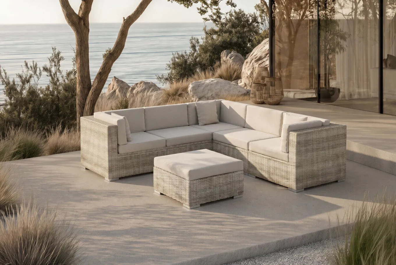 Discount Gartenlounge für 5 Personen, 6-teilig, desert-beige, Alu/Polyrattan, mit Kissenboxfunktion, modular verstellbar Gartenlounge|Aluminium-Gartenmöbel
