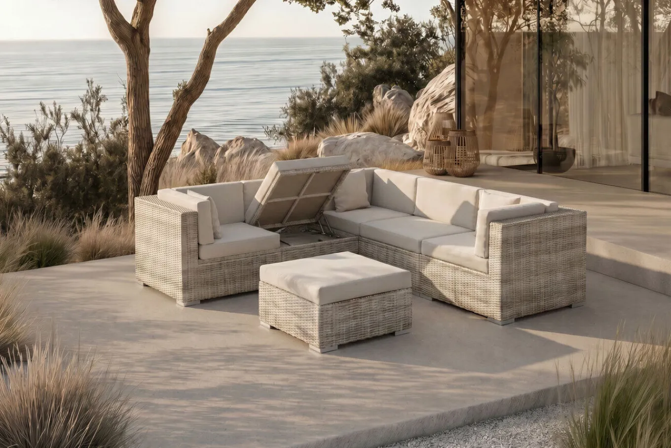 Discount Gartenlounge für 5 Personen, 6-teilig, desert-beige, Alu/Polyrattan, mit Kissenboxfunktion, modular verstellbar Gartenlounge|Aluminium-Gartenmöbel