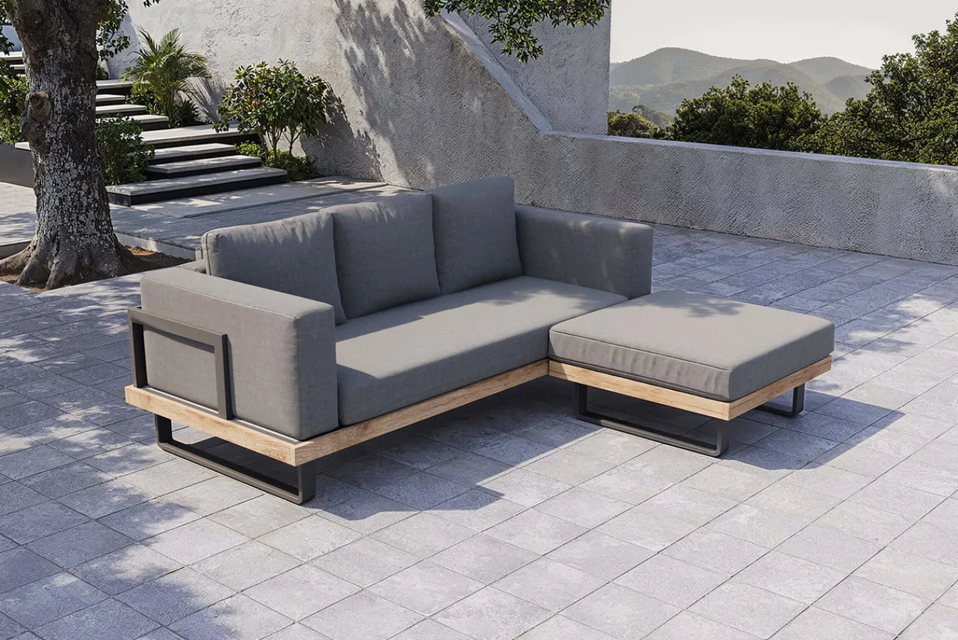 Best Gartenlounge für 3–4 Personen, Alu/Olefin/Akazie, gepolstert in grau, FSC®-zertifiziertes Produkt Gartenlounge|Aluminium-Gartenmöbel