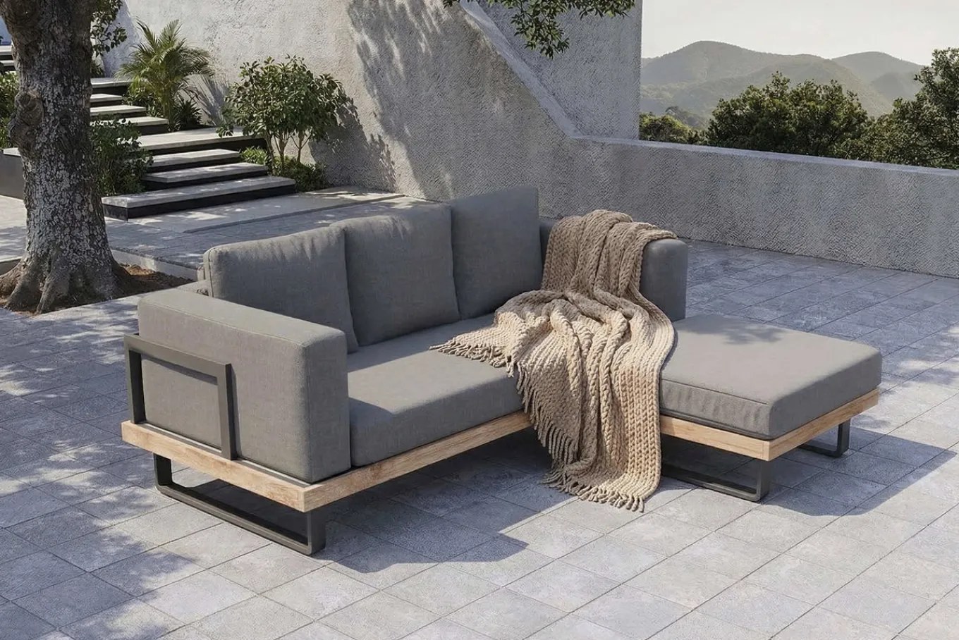 Best Gartenlounge für 3–4 Personen, Alu/Olefin/Akazie, gepolstert in grau, FSC®-zertifiziertes Produkt Gartenlounge|Aluminium-Gartenmöbel