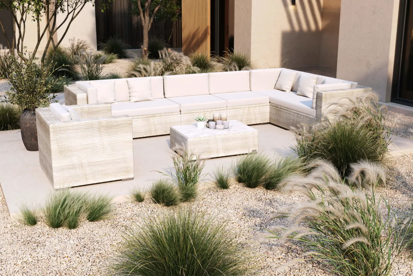 New Gartenlounge für 8 Personen, desert-beige, Alu/Polyrattan, modular verstellbar, mit Kissenboxfunktion Polyrattan-Gartenmöbel|Gartenlounge