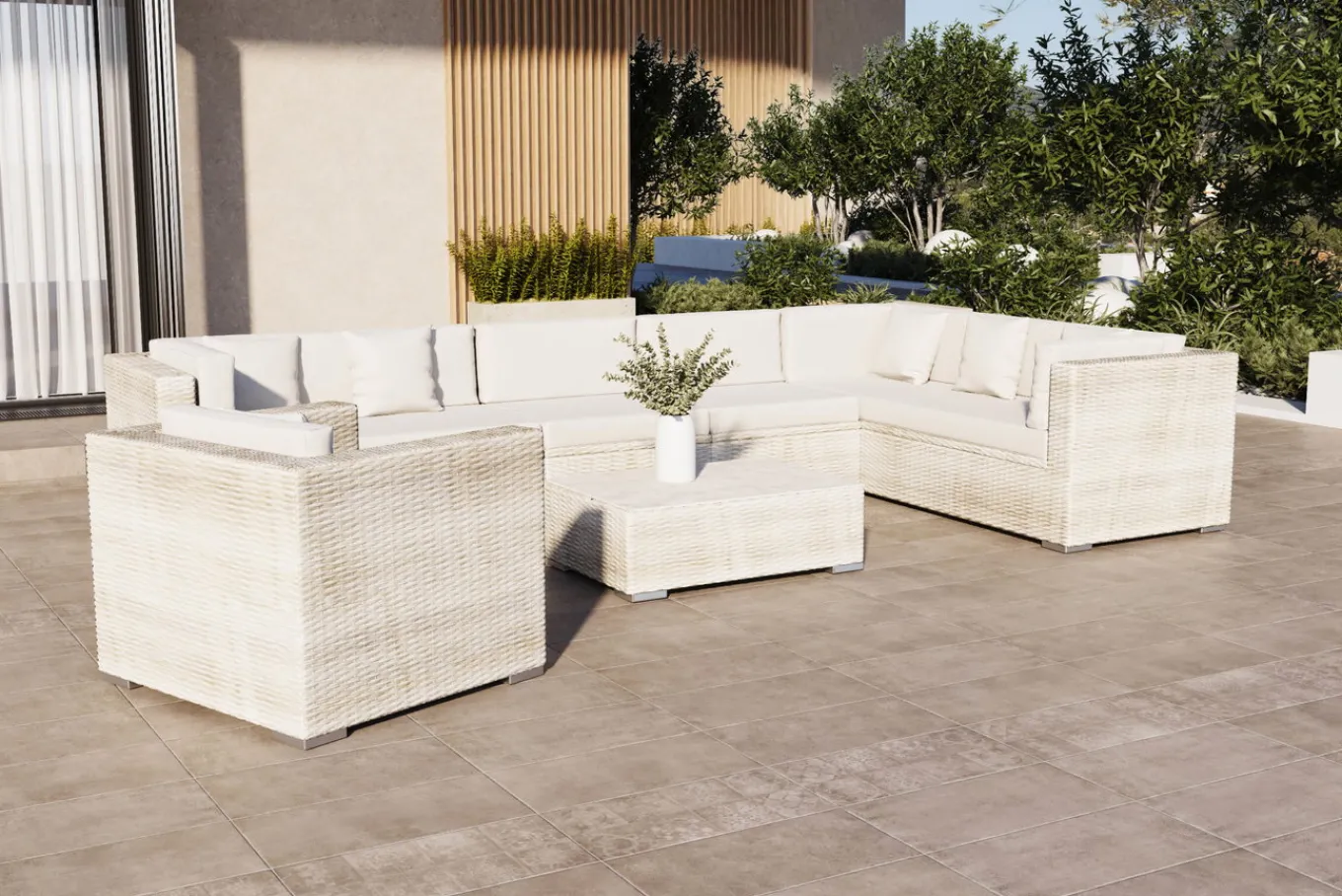 New Gartenlounge für 8 Personen, desert-beige, Alu/Polyrattan, modular verstellbar, mit Kissenboxfunktion Polyrattan-Gartenmöbel|Gartenlounge