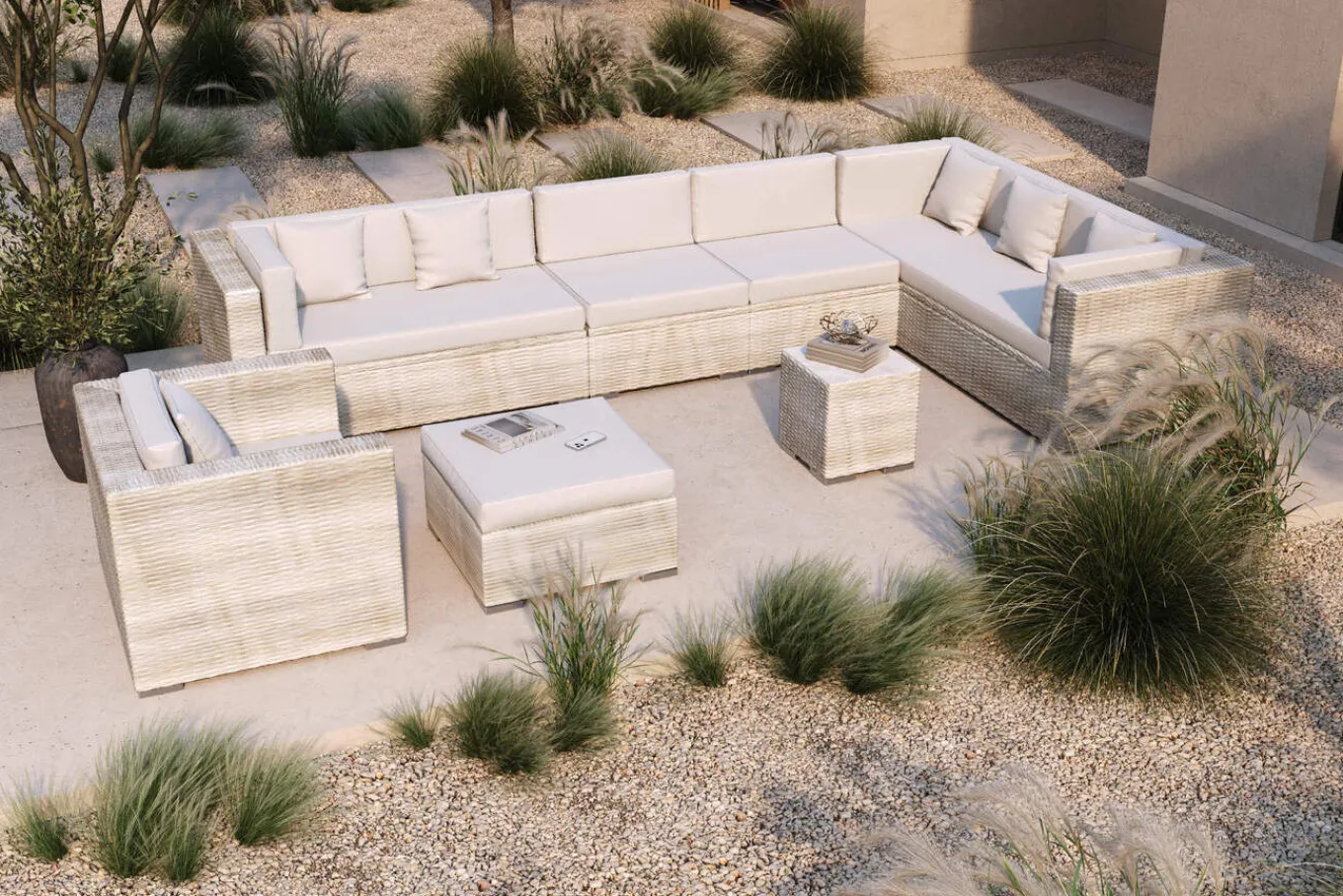 Hot Gartenlounge für 8 Personen, desert-beige, Alu/Polyrattan, modular verstellbar, mit Kissenboxfunktion Polyrattan-Gartenmöbel|Gartenlounge