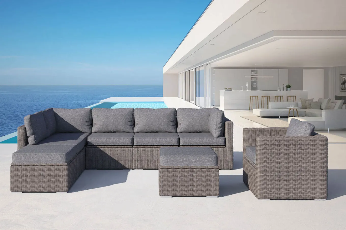 Online Gartenlounge, grau, Polyrattan, 8Personen, mit Sessel, verstellbare Sitzflächen, wasserfeste Kissenbox Polyrattan-Gartenmöbel|Gartenlounge