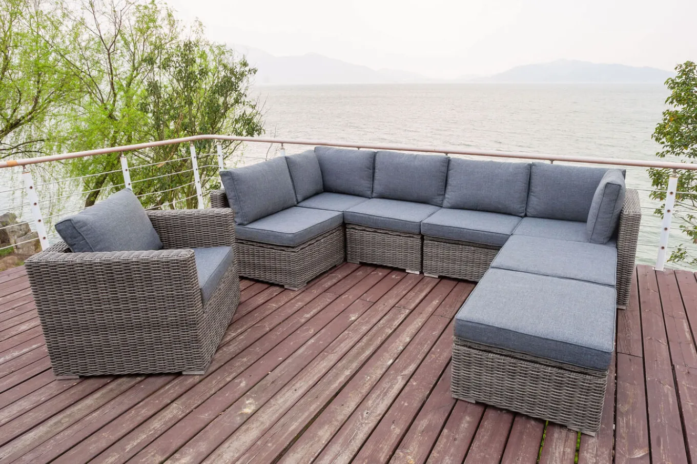 Online Gartenlounge, grau, Polyrattan, 8Personen, mit Sessel, verstellbare Sitzflächen, wasserfeste Kissenbox Polyrattan-Gartenmöbel|Gartenlounge