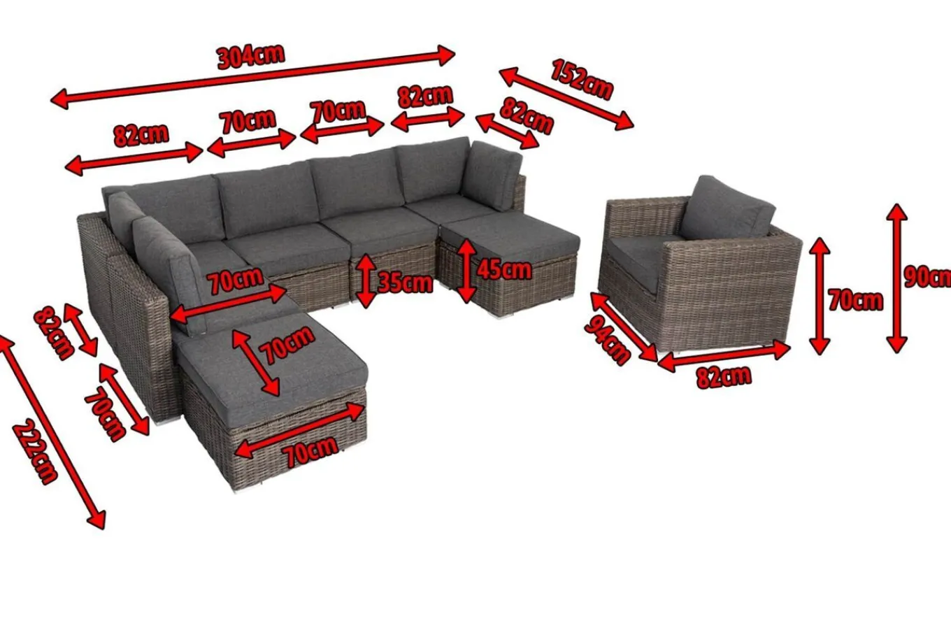 Online Gartenlounge, grau, Polyrattan, 8Personen, mit Sessel, verstellbare Sitzflächen, wasserfeste Kissenbox Polyrattan-Gartenmöbel|Gartenlounge