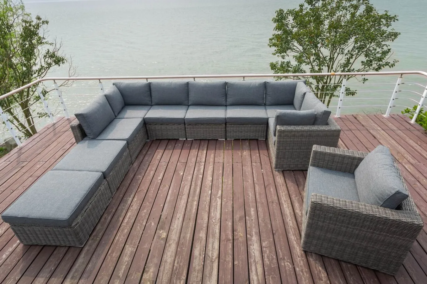 Gartenlounge, grau, Polyrattan, 10 Personen, mit Sessel, verstellbare Sitzflächen, wasserfeste Kissenbox Polyrattan-Gartenmöbel|Gartenlounge