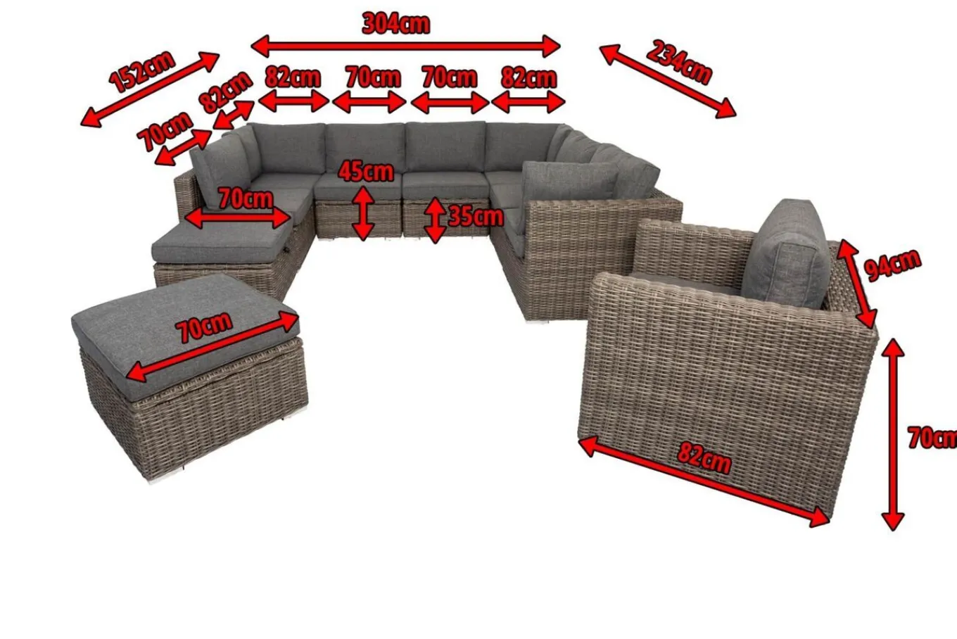 Gartenlounge, grau, Polyrattan, 10 Personen, mit Sessel, verstellbare Sitzflächen, wasserfeste Kissenbox Polyrattan-Gartenmöbel|Gartenlounge