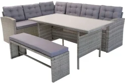 Sale Gartenlounge, hellgrau meliert/grau, Polyrattan/Polyester, Tisch 145x79cm, 4 tlg., 7 Pers, inkl. Polster Polyrattan-Gartenmöbel|Gartenlounge