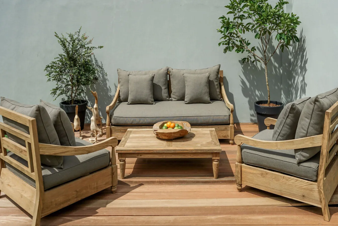 Online Gartenlounge, natur/grau, recyceltes Teak/Olefin, 4 Sitzplätze, inkl. Polster, FSC®-zertifiziertes Produkt Gartenlounge|Teak-Gartenmöbel