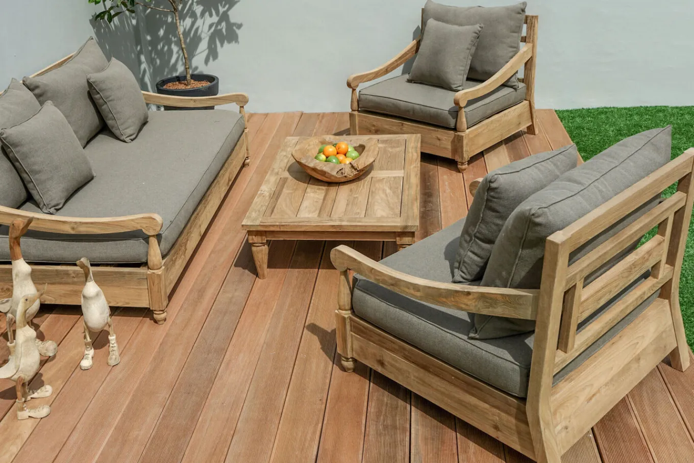 Online Gartenlounge, natur/grau, recyceltes Teak/Olefin, 4 Sitzplätze, inkl. Polster, FSC®-zertifiziertes Produkt Gartenlounge|Teak-Gartenmöbel