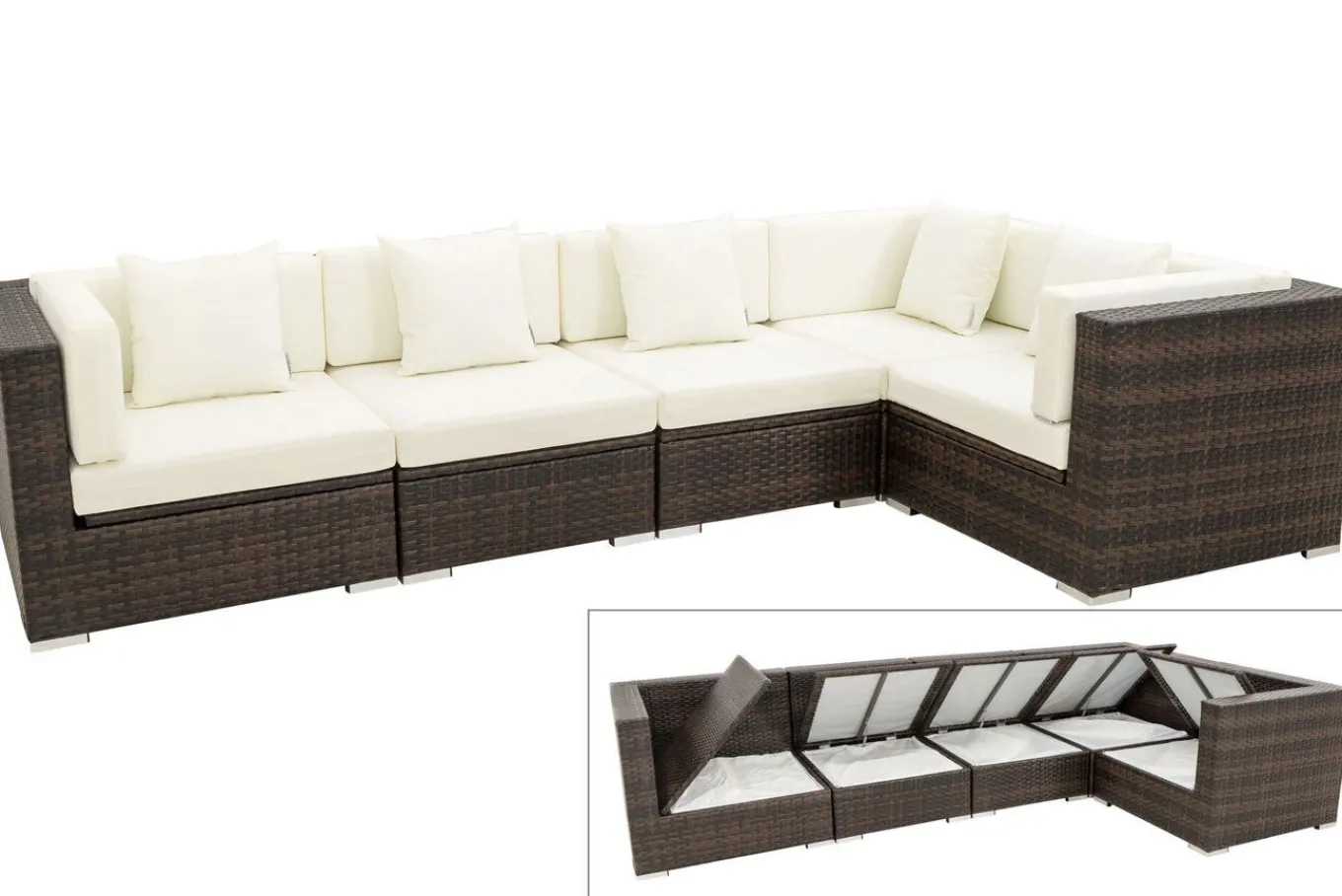 Sale Gartenlounge, 5 Pers, braun marmoriert, Polyrattan, wasserfeste Kissenbox Polyrattan-Gartenmöbel|Gartenlounge