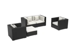 Online Gartenlounge, 5 Personen, creme/weiß, schwarz, Polyrattan, wasserfeste Kissenbox Polyrattan-Gartenmöbel|Gartenlounge