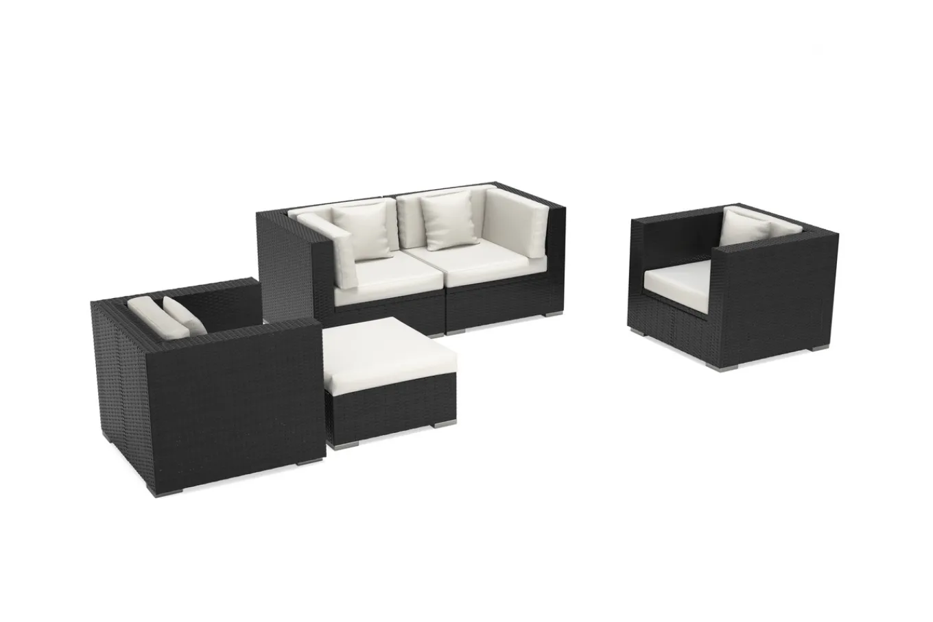 Online Gartenlounge, 5 Personen, creme/weiß, schwarz, Polyrattan, wasserfeste Kissenbox Polyrattan-Gartenmöbel|Gartenlounge