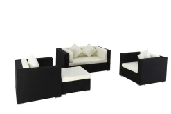 Online Gartenlounge, 5 Personen, creme/weiß, schwarz, Polyrattan, wasserfeste Kissenbox Polyrattan-Gartenmöbel|Gartenlounge