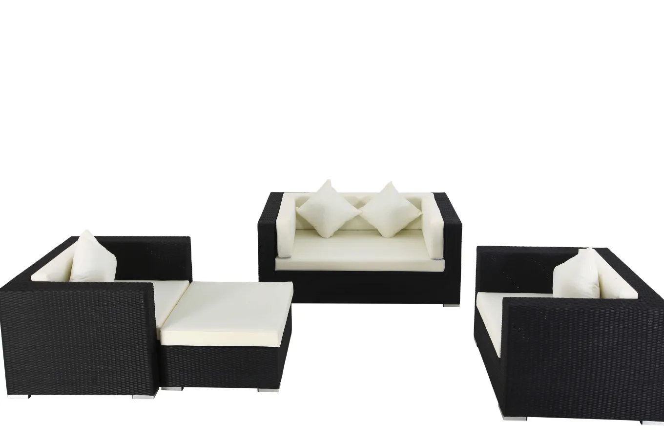 Online Gartenlounge, 5 Personen, creme/weiß, schwarz, Polyrattan, wasserfeste Kissenbox Polyrattan-Gartenmöbel|Gartenlounge