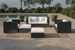 Hot Gartenlounge, 5 Personen, creme/weiß, schwarz, Polyrattan, inkl. Kaffeetisch, wasserfeste Kissenbox Polyrattan-Gartenmöbel|Gartenlounge