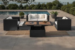 Hot Gartenlounge, 5 Personen, creme/weiß, schwarz, Polyrattan, inkl. Loungetisch, wasserfeste Kissenbox Polyrattan-Gartenmöbel|Gartenlounge