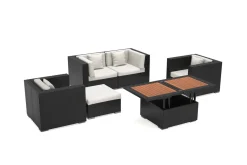 Hot Gartenlounge, 5 Personen, creme/weiß, schwarz, Polyrattan, inkl. Loungetisch, wasserfeste Kissenbox Polyrattan-Gartenmöbel|Gartenlounge