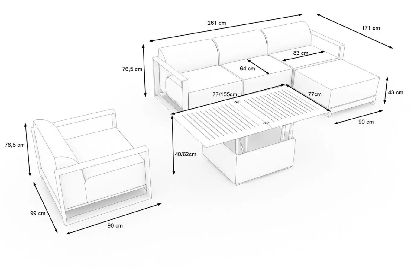 Best Gartenlounge, 5 Personen, höhenverstellbarer Tisch, Alu/Polyester Gartenlounge