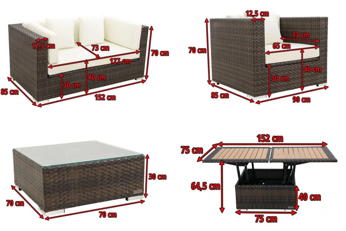 Outlet Gartenlounge, Polyrattan, braun marmoriert, 5 Pers, wasserfeste Kissenbox, inkl. Loungetisch Polyrattan-Gartenmöbel|Gartenlounge