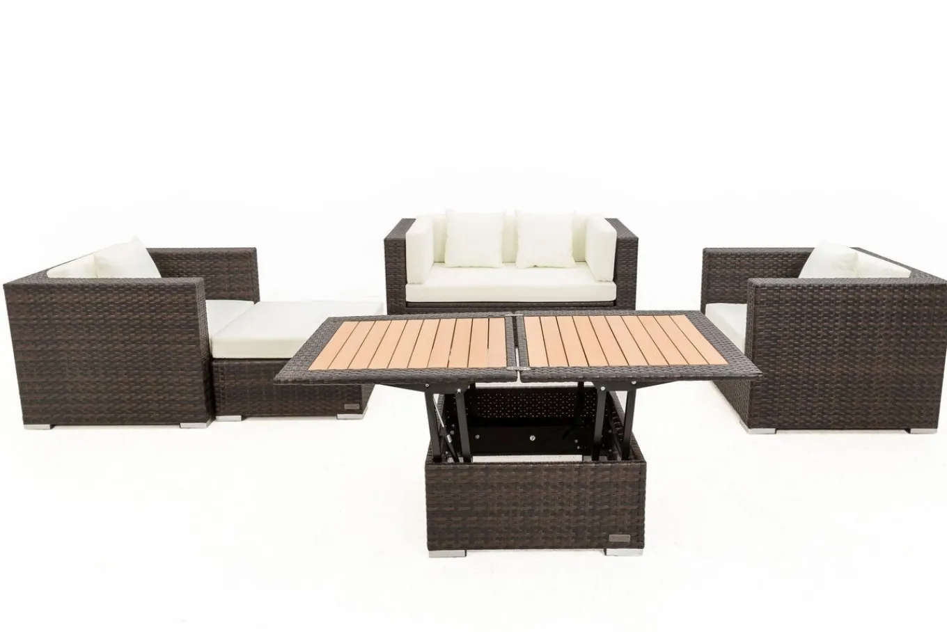 Outlet Gartenlounge, Polyrattan, braun marmoriert, 5 Pers, wasserfeste Kissenbox, inkl. Loungetisch Polyrattan-Gartenmöbel|Gartenlounge
