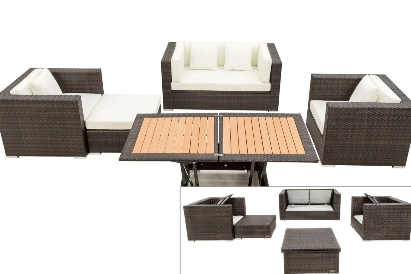 Outlet Gartenlounge, Polyrattan, braun marmoriert, 5 Pers, wasserfeste Kissenbox, inkl. Loungetisch Polyrattan-Gartenmöbel|Gartenlounge