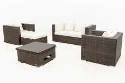 Outlet Gartenlounge, Polyrattan, braun marmoriert, 5 Pers, wasserfeste Kissenbox, inkl. Loungetisch Polyrattan-Gartenmöbel|Gartenlounge