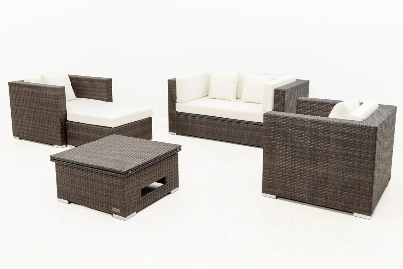 Outlet Gartenlounge, Polyrattan, braun marmoriert, 5 Pers, wasserfeste Kissenbox, inkl. Loungetisch Polyrattan-Gartenmöbel|Gartenlounge