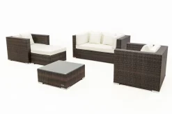 Discount Gartenlounge, Polyrattan, braun marmoriert, 5 Pers, wasserfeste Kissenbox, inkl. Beistelltisch Polyrattan-Gartenmöbel|Gartenlounge