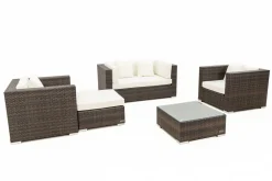 Discount Gartenlounge, Polyrattan, braun marmoriert, 5 Pers, wasserfeste Kissenbox, inkl. Beistelltisch Polyrattan-Gartenmöbel|Gartenlounge