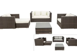 Discount Gartenlounge, Polyrattan, braun marmoriert, 5 Pers, wasserfeste Kissenbox, inkl. Beistelltisch Polyrattan-Gartenmöbel|Gartenlounge