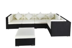 Clearance Gartenlounge Polyrattan, creme/weiß, schwarz, für 5 Personen, inkl. Kaffeetisch, wasserfeste Kissenbox Polyrattan-Gartenmöbel|Gartenlounge