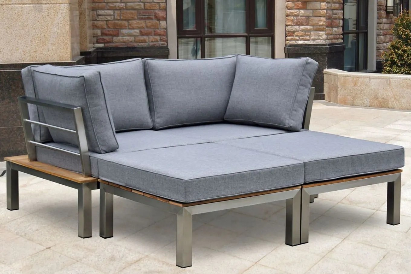 Hot Gartenlounge, silber/grau, Edelstahl/Teakholz/Textil, für 2 Personen, Liegefunktion, FSC®-zertifiziertes Produkt Gartenlounge|Edelstahl-Gartenmöbel